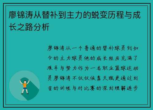 廖锦涛从替补到主力的蜕变历程与成长之路分析